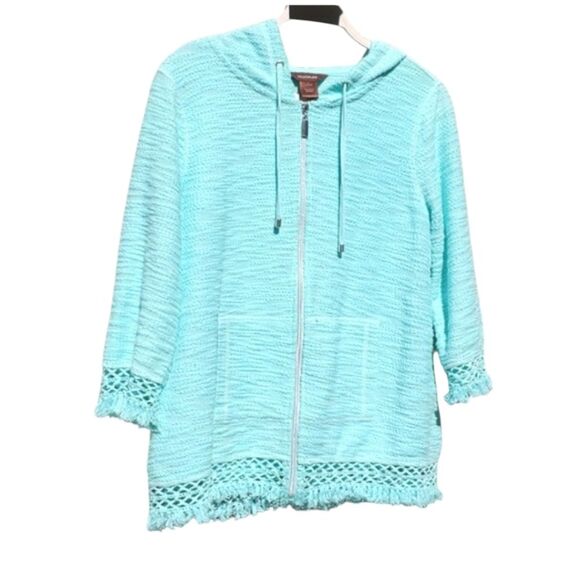 MULTIPLES Mint Green Hoodie Zip Jacket Kangaroo Pocket Fringe Medium - Picture 1 of 8